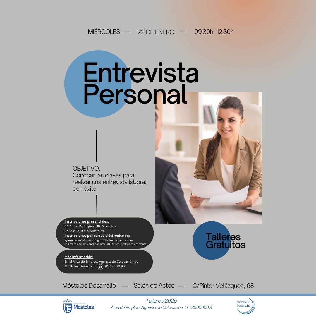mostdesarrollo's tweet photo. 🤝¿Quieres afrontar una entrevista de trabajo con éxito? Te lo contamos en el TALLER GRATUITO "Entrevista personal" que impartiremos el 22 de enero.

📝¡Inscríbete! + info:☎️ 91. 685.30.90
📧 agenciadecolocacion@mostolesdesarrollo.es
#Trabajo #AgenciadeColocación #Móstoles https://t.co/tMHtnaz366