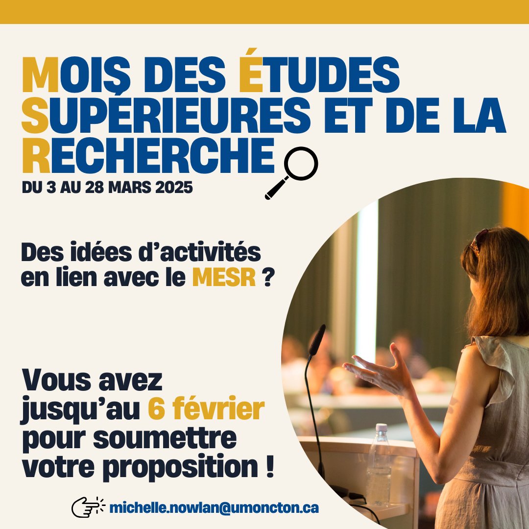 Vous avez des idées d'activités en lien avec le Mois des Études Supérieures et de la Recherche ? 🔎
La FESR prend vos suggestions avant le 6 février 2025 !
👉 michelle.nowlan@umoncton.ca