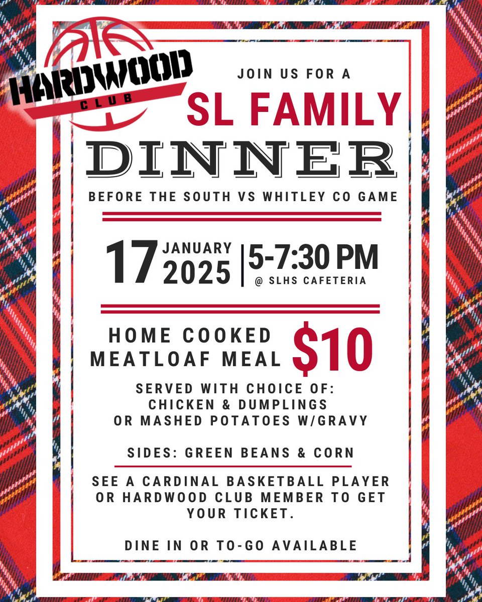 GAMEDAY - VARSITY DOUBLEHEADER - Tonight vs Whitley Co. Come early &amp; join us for a home cooked meatloaf dinner!
Dinner 5-7:30 - Girls tip off 6 pm followed by boys at 7:30. GO CARDS! #slfamily #slladycards #onwardcards