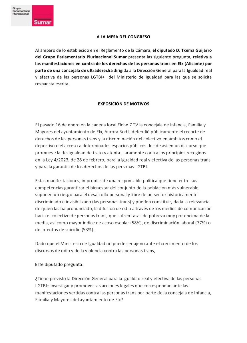 🏳️🌈🔻Xavier López 🌻♀️ (@xavierdalacant) on Twitter photo Les manifestacions de la regidora d'Elx, la ultra Aurora Rodil, contra els drets trans poden suposar la promoció de l'odi cap a un col•lectiu molt vulnerable.
Greu atenent que gestiona les àrees de familia, infantesa i joventut.
Hui des de <a href="/sumar/">Sumar</a> demanem a <a href="/LGTBIGob/">Dirección General Derechos LGTBI+</a> accions. Les manifestacions de la regidora d'Elx, la ultra Aurora Rodil, contra els drets trans poden suposar la promoció de l'odi cap a un col•lectiu molt vulnerable.
Greu atenent que gestiona les àrees de familia, infantesa i joventut.
Hui des de <a href="/sumar/">Sumar</a> demanem a <a href="/LGTBIGob/">Dirección General Derechos LGTBI+</a> accions.