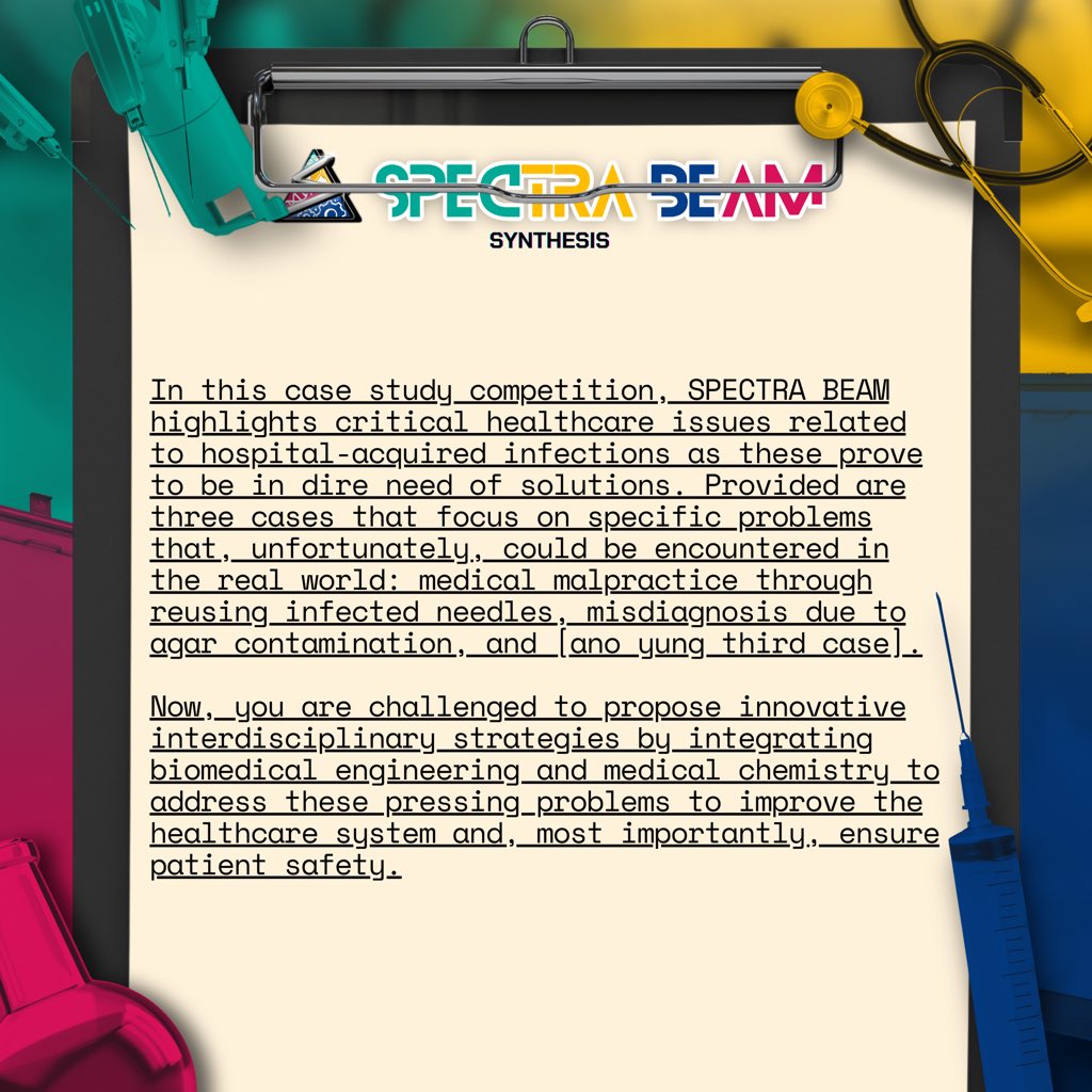 SPECTRABEAM_'s tweet photo. Make sure to register for the SPECTRA BEAM Chronicles: Case Study Competition with the theme Healthcare: Intertwined Biomedical Engineering and Medicinal Chemistry in Addressing Healthcare Issues🩺

REGISTRATION FORM:
https://t.co/EWVpxzIbig https://t.co/3MMndIiXLV