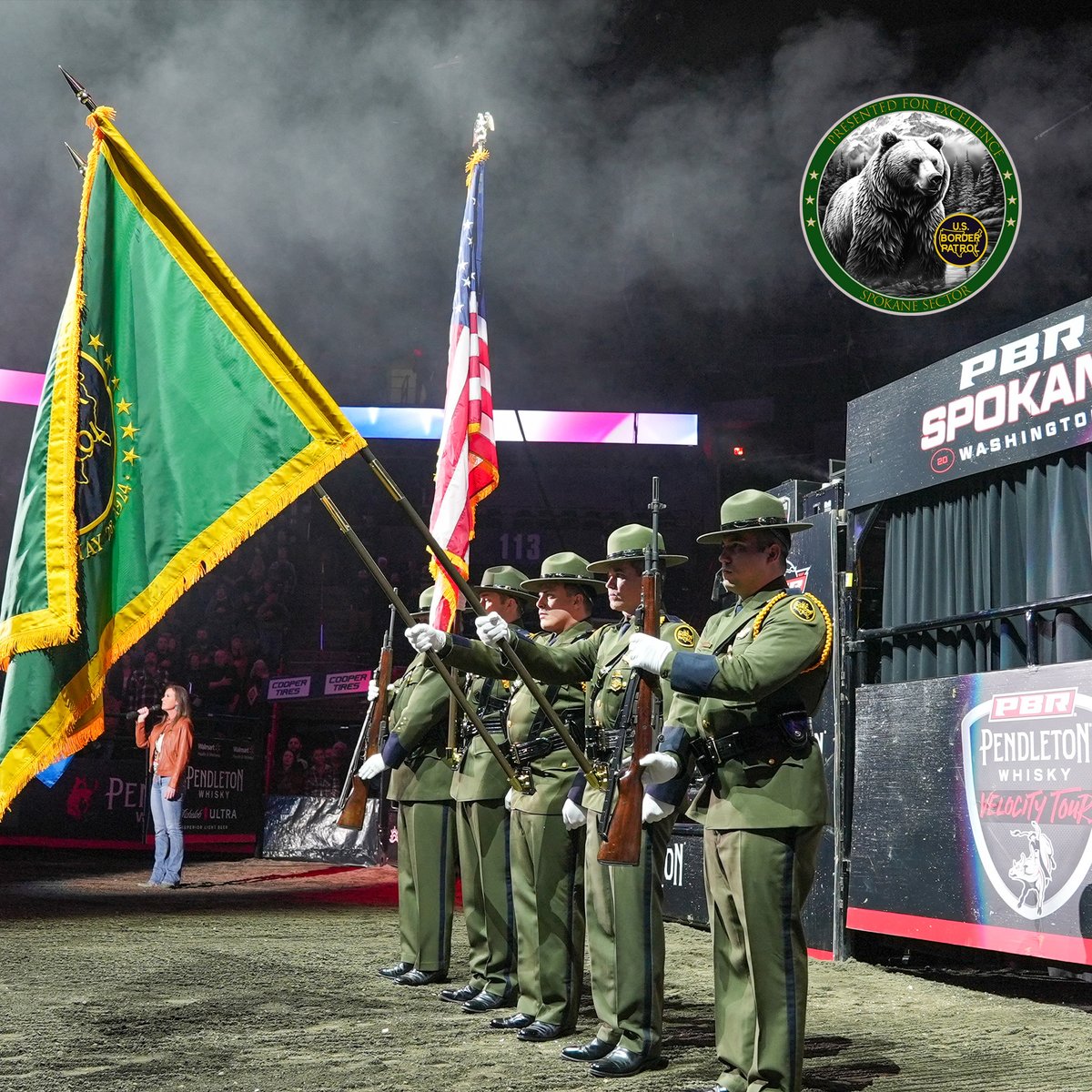 USBPChiefSPW's tweet photo. #OnPatrol #SpokaneSector #BP Honor Guard at #PBR during the National Anthem. #SpokaneArena, Washington.

Join our team. For more information visit: https://t.co/pBbqaQ7iJZ 

#HonorFirst https://t.co/65zxx5xaSi