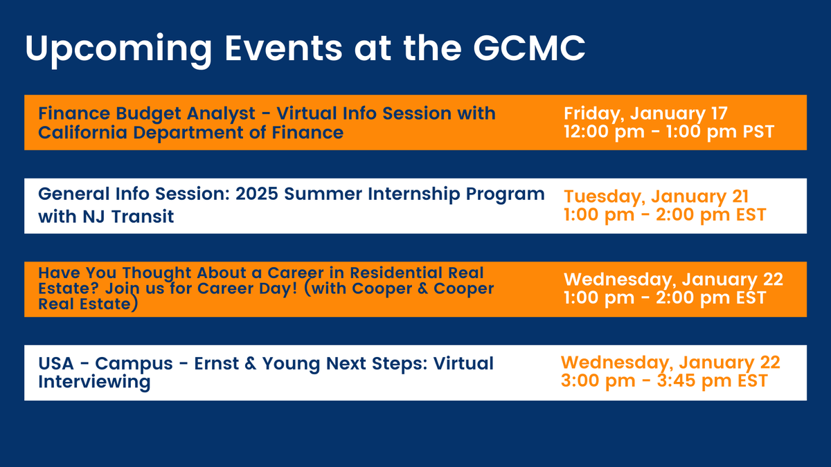 ZicklinGCMC's tweet photo. Don't miss out on these information sessions and professional development events happening today and next week! To learn more and to register, log into Handshake: https://t.co/jzJaOmLAfe #BaruchCollege #BeBaruch #ZicklinPride #EventsAtTheGCMC https://t.co/u9lEeUafw0