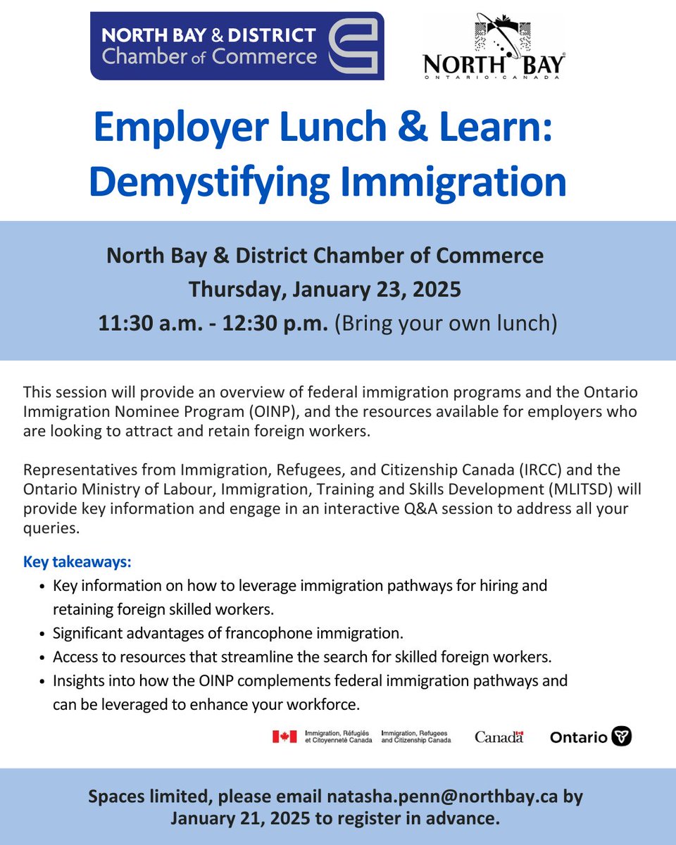 Facing challenges in finding skilled workers to address labor shortages in your business? Join us for the Employer Lunch &amp; Learn
📅 January 23, 2025
⏰ 11:30 a.m. to 12:30 p.m.
📍 North Bay &amp; District Chamber of Commerce
✉️ RSVP: natasha.penn@northbay.ca (space is limited)