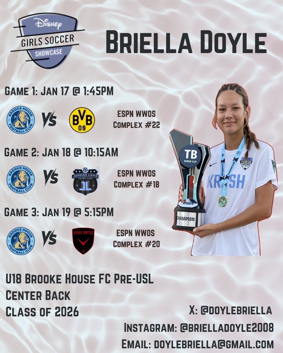 Guest playing with the U18 Brooke House FC Pre-USL girls in the Disney Girls Soccer Showcase! Looking forward to this amazing opportunity to play the game I love with this talented team! Hope you can come out and watch me play!