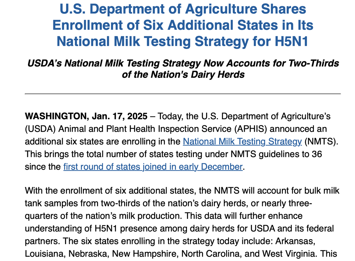 HelenBranswell's tweet photo. 6 more states join @USDA's mandatory (though not yet national) milk testing strategy, bringing to 38 the number of states participating. New states joining are Arkansas, Louisiana, Nebraska, New Hampshire, North Carolina &amp; West Virginia. https://t.co/oIGgKKPG8V https://t.co/nRNU326izE