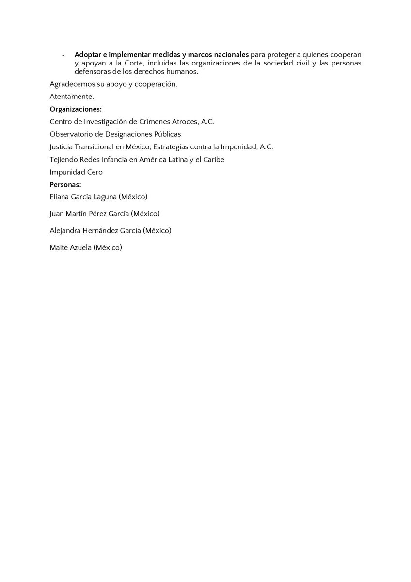 Carta abierta de la sociedad civil mexicana dirigida a la <a href="/SRE_mx/">Relaciones Exteriores</a> solicitando que defienda a la <a href="/IntlCrimCourt/">Int'l Criminal Court</a> frente a los intentos de EUA por debilitar y afectar su funcionamiento como tribunal internacional independiente.