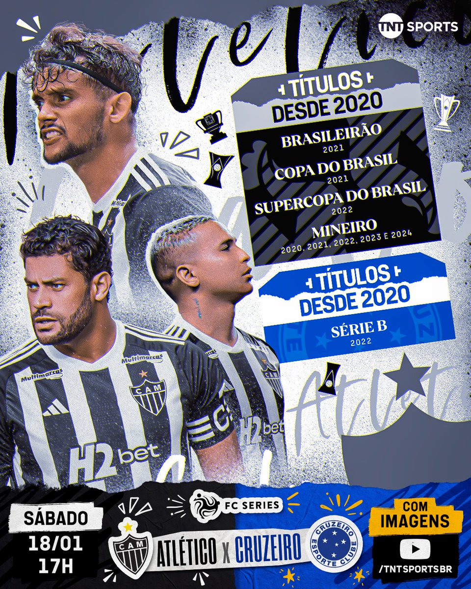 TNTSportsBR's tweet photo. O GALO TEM TIDO MAIS SUCESSO QUE O CRUZEIRO NOS ÚLTIMOS ANOS! 🐓⚫⚪ O Atlético conseguiu muitas taças desde 2020, enquanto vê seu rival passar por uma "seca"... AMANHÃ ESSE SUPERCLÁSSICO VAI ROLAR NO YOUTUBE DA TNT SPORTS! Vem com a gente! #FCSeriesNaTNTSports https://t.co/F7yNmqEV99