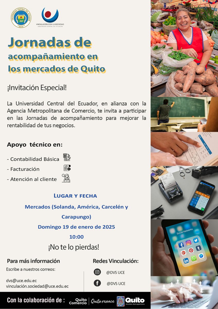 #Infórmate

La Dirección de Vinculación de <a href="/lacentralec/">Universidad Central del Ecuador</a> junto con la Agencia Metropolitana de Comercio te invita a participar en una jornada especial de acompañamiento para fortalecer tu negocio y mejorar tus ingresos.

#SoyVinculación
#AdelanteUniversidadCentral