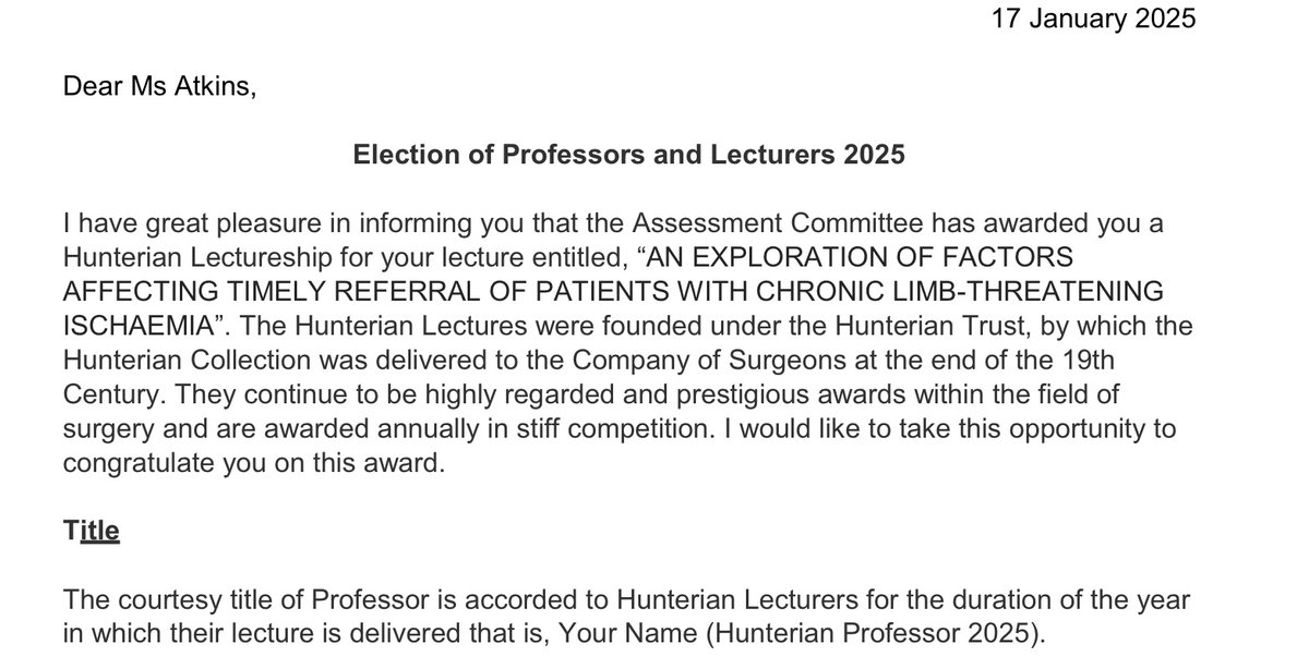 So so delighted to have been awarded a Hunterian lectureship by <a href="/RCSnews/">The Royal College of Surgeons of England</a>. Obviously only answering to Prof for the remainder of 2025 🤓