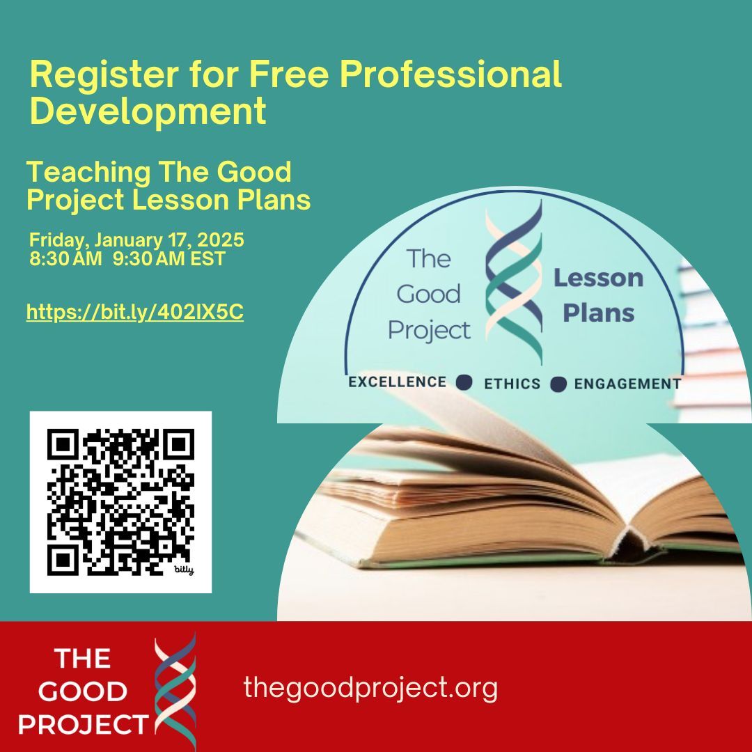 Don't miss the Free Professional Development Session next month! 

Learn how to bring The Good Project Lesson Plans to your classroom, meet experienced educators from The Good Project Community of Practice, and get personalized advice from research team!  buff.ly/3ZZYMtW