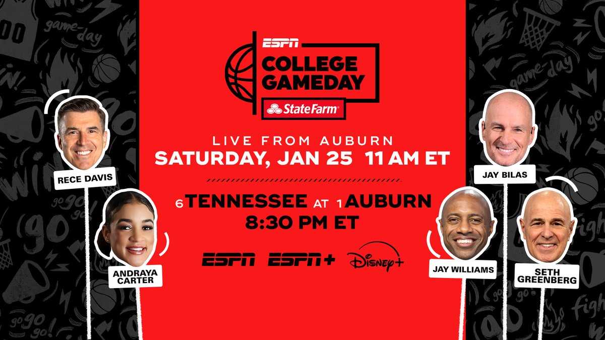ESPNPR's tweet image. #NCAAMBB @CollegeGameDay returns for the '24-'25 season!

🏀 In-studio show: Jan. 18 | 11a ET | ESPN

📍 First stop: @AuburnMBB | Jan. 25 | 11a ET | ESPN
🎙️ @ReceDavis, @JayBilas, @Andraya_Carter, @SethOnHoops, @RealJayWilliams &amp;amp; @PeteThamel

More: bit.ly/4g0ruzG