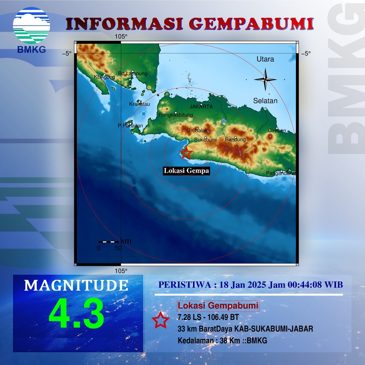 Info Gempa Mag:4.3, 18-Jan-25 00:44:08 WIB, Lok:7.28 LS - 106.49 BT (33 km BaratDaya KAB-SUKABUMI-JABAR), Kedlmn: 38 Km ::BMKG