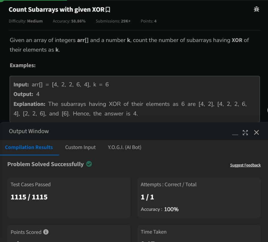 geeky01adarsh's tweet image. Hey folks,
I am solving Gfg 160 with @geeksforgeeks.
Completed Day 50: Count Subarrays with given XOR
#gfg160 #geekstreak2024