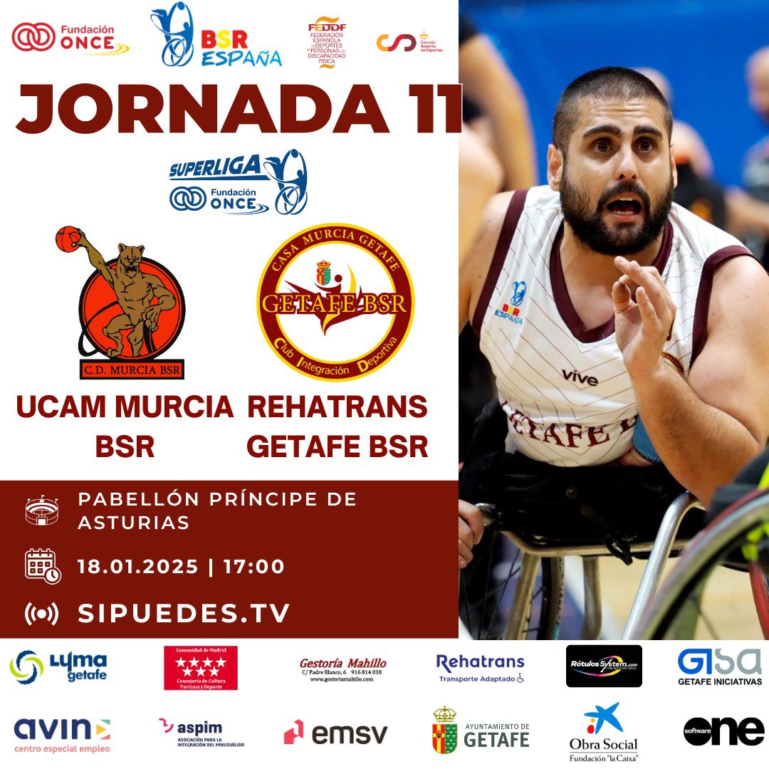 Rehatrans Getafe BSR (@getafebsr) on Twitter photo Mañana viajamos a Murcia para enfrentarnos al <a href="/UCAMMURCIABSR/">UCAM MURCIA BSR</a> 👍🏻
Será la última jornada de la primera vuelta 💪🏻
A las 17:00 podrás seguir en directo el partido por SiPuedesTV 📺
Vamos #RehatransGetafeBSR 🏀❤️
<a href="/Rehatrans/">Rehatrans</a> <a href="/BsrEspana/">BSREspaña</a> <a href="/FEDEDDF/">FEDDF</a> <a href="/FMDDF/">FMDDF</a> <a href="/aytogetafe/">Ayuntamiento Getafe</a> Mañana viajamos a Murcia para enfrentarnos al <a href="/UCAMMURCIABSR/">UCAM MURCIA BSR</a> 👍🏻
Será la última jornada de la primera vuelta 💪🏻
A las 17:00 podrás seguir en directo el partido por SiPuedesTV 📺
Vamos #RehatransGetafeBSR 🏀❤️
<a href="/Rehatrans/">Rehatrans</a> <a href="/BsrEspana/">BSREspaña</a> <a href="/FEDEDDF/">FEDDF</a> <a href="/FMDDF/">FMDDF</a> <a href="/aytogetafe/">Ayuntamiento Getafe</a>