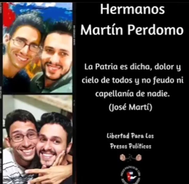 No podemos olvidar a los Hermanos Martín Perdomo, condenados a seis y ocho años de privación de libertad por protestar pacíficamente el 11J. No los dejemos solos. Exijo su liberación inmediata. Son inocentes! 
#LibertadParaLosPresosPoliticos #AbajoLaDictadura 
#Cuba