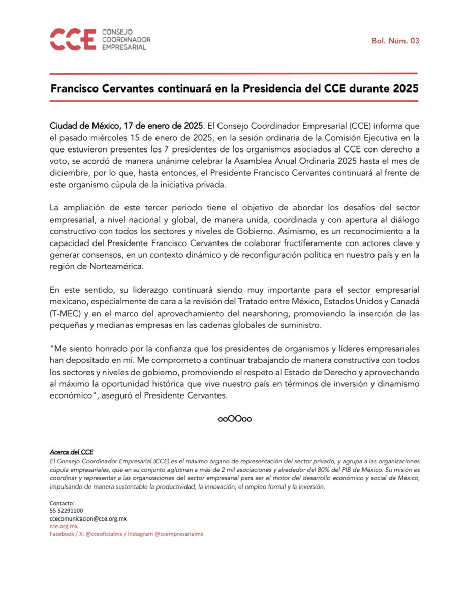 #Comunicado | Francisco Cervantes continuará en la Presidencia del #CCE durante #2025