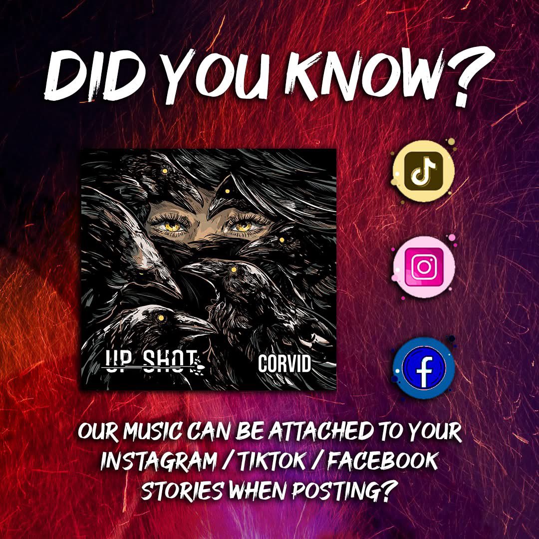 upshotbanduk's tweet photo. Did you know?
Our music can now be attached to your Insta, TikTok &amp; FB stories when you post &amp; add music, just type us into the search bar!

Thank you all for listening to our album so far, we really appreciate it! 😁

#UpShotBandUK https://t.co/4pZS69bIPE
