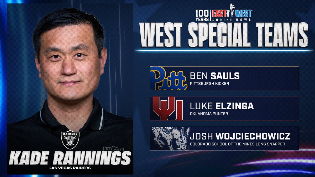 East-West Shrine Bowl (@shrinebowl) on Twitter photo The 2025 East-West Shrine Bowl Specialists from the West coached by Kade Rannings from the <a href="/Raiders/">Las Vegas Raiders</a>!
💫 <a href="/bsauls22/">Ben Sauls</a>, <a href="/Pitt_FB/">Pitt Football</a>
💫 <a href="/ElzingaLuke/">Luke Elzinga</a>, <a href="/OU_Football/">Oklahoma Football</a>
💫 <a href="/wojinator32/">Josh Wojciechowicz</a>, <a href="/MinesFootball/">Mines Football</a>
#ShrineBowl The 2025 East-West Shrine Bowl Specialists from the West coached by Kade Rannings from the <a href="/Raiders/">Las Vegas Raiders</a>!
💫 <a href="/bsauls22/">Ben Sauls</a>, <a href="/Pitt_FB/">Pitt Football</a>
💫 <a href="/ElzingaLuke/">Luke Elzinga</a>, <a href="/OU_Football/">Oklahoma Football</a>
💫 <a href="/wojinator32/">Josh Wojciechowicz</a>, <a href="/MinesFootball/">Mines Football</a>
#ShrineBowl