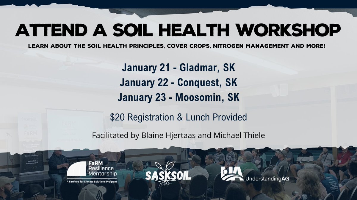 SaskSoil's tweet photo. π± Discover the essentials of soil health this January! Join Blain Hjertaas and Michael Thiele for insights on soil health principles, #covercrops, and #nitrogen mgmt. ποΈ https://t.co/HZX9y9SiUm
Presented by @FarmersClimate, SaskSoil & @UnderstandingAg. #AgWorkshop #SaskAg https://t.co/MEIUNgUw28