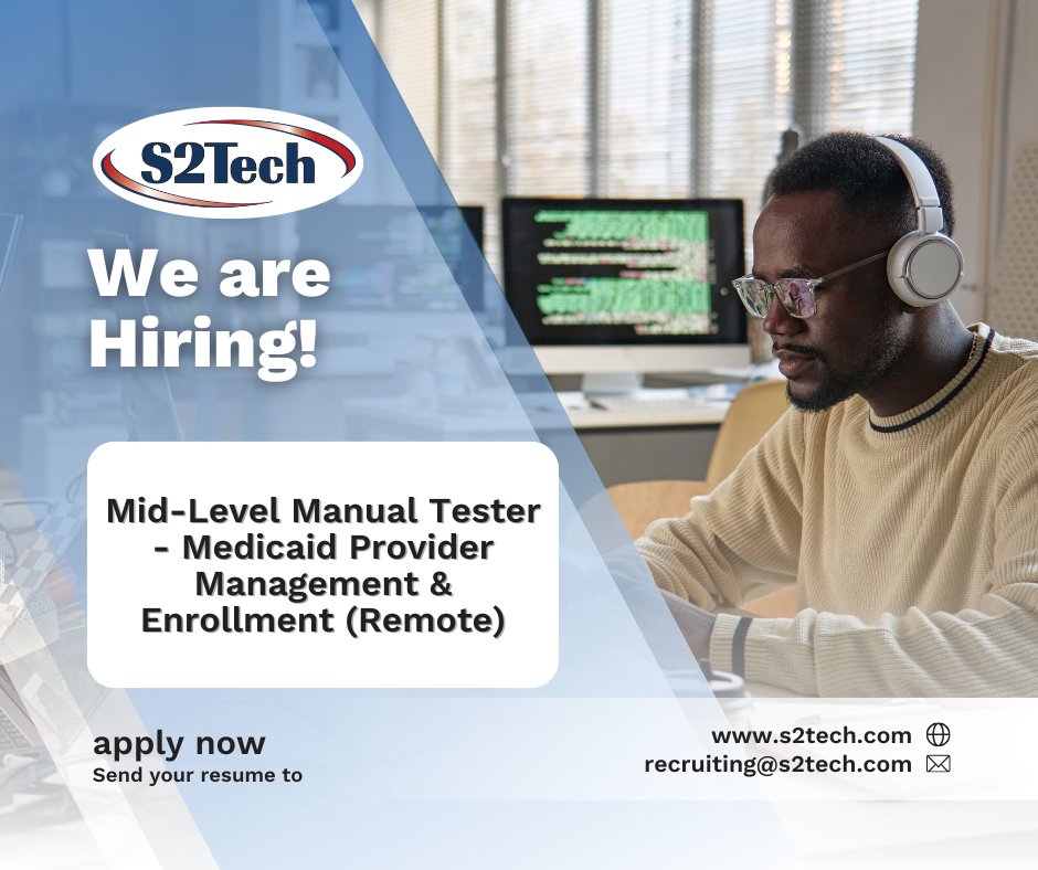 🔍 We’re Hiring: Remote Manual Tester - Medicaid Systems 💻

✅ 3–5 yrs manual testing exp. 
✅ Test cases, defect tracking, Agile environment
✅ Medicaid Provider Mgmt &amp; Enrollment expertise

👉 Apply: bit.ly/S2TechCareers

#NowHiring #HealthcareIT #RemoteJobs