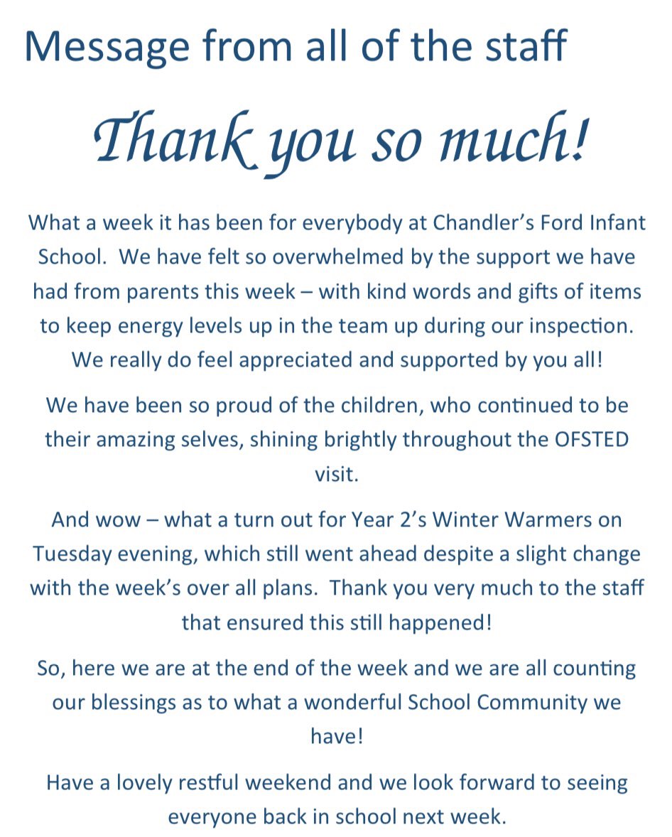 A message from all of the staff at Chandler’s Ford Infant School…..☺️Have a lovely weekend.
