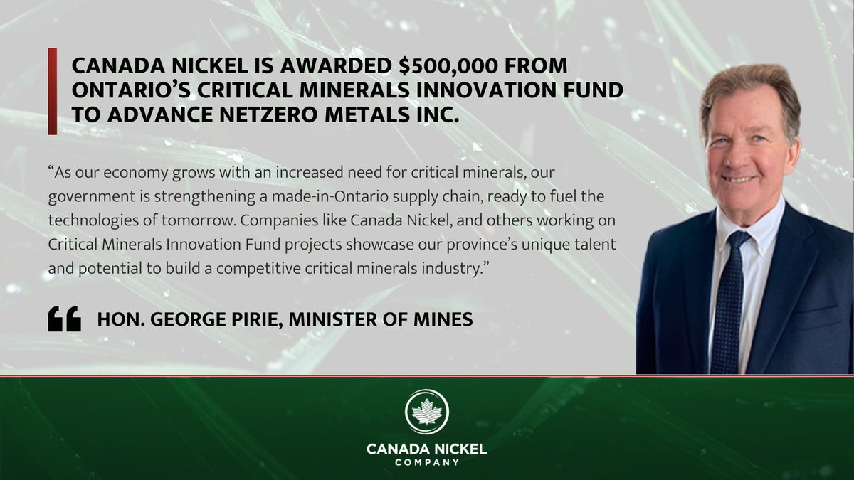 CanadaNickel's tweet photo. Hon. @GeorgePirieMPP, Minister of Mines, highlights Canada Nickel’s advancement of NetZero Metals and the provincial government’s focus on strengthening a made-in-Ontario supply chain. https://t.co/NCTAYmpOTI