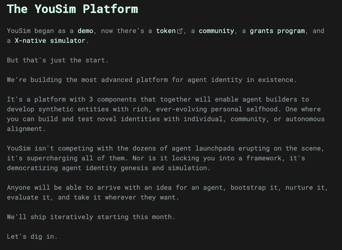 courtlandleer's tweet photo. THE YOUSIM PLATFORM

A command-line game demo was just the start...

We're building the most advanced platform for agent identity in existence🦾.

It's not just another launchpad or framework, but infra &amp; tooling to supercharge them all.

It has 3 core components...

2/ https://t.co/pE1lMne5ny