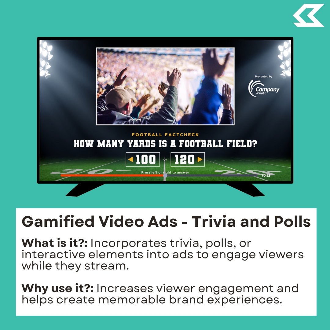 kineticsequence's tweet photo. Fubo has unveiled 4 innovative Connected TV (CTV) ad formats designed to boost audience engagement and drive consumer action:
1️⃣ Transactional Ads
2️⃣ Gamified Ads
3️⃣ Rotating Carousel Ads
4️⃣ Geo-locator Ads

Want to learn more? Contact us today! https://t.co/VPQ9a4PtMZ