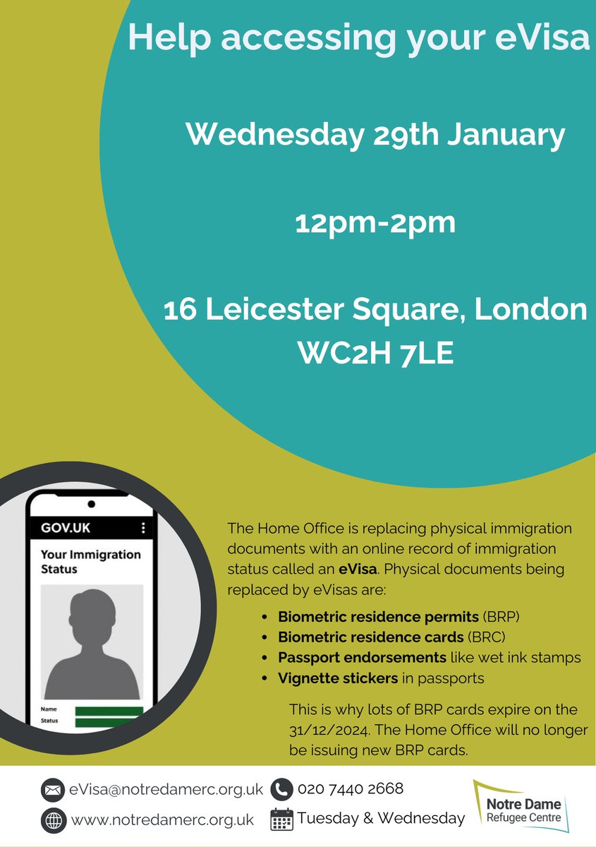📌 Join us for a workshop on how you can access your eVisa.

This workshop will take place on Wednesday 29th January from 12pm-2pm. This workshop will be run in English. No need to sign up!

If you have any accessibility issues, please email us at info@notredamerc.org.uk