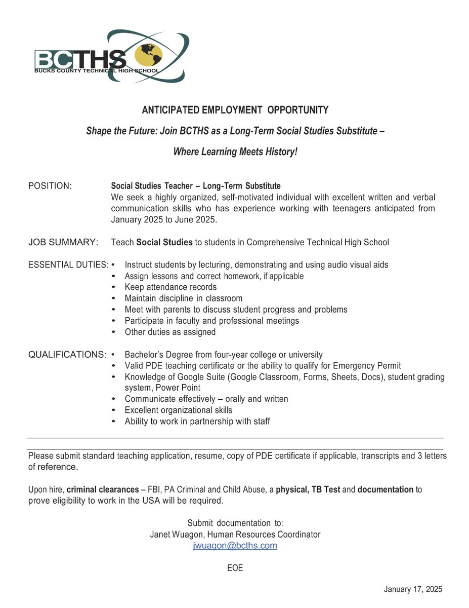 Official_BCTHS's tweet photo. Bucks County Technical High School is looking for a passionate and dedicated Long-Term Substitute Teacher to join our team! If you’re committed to fostering a dynamic learning environment and making a lasting impact on students, we want to hear from you! https://t.co/oOaxO0Hpvl