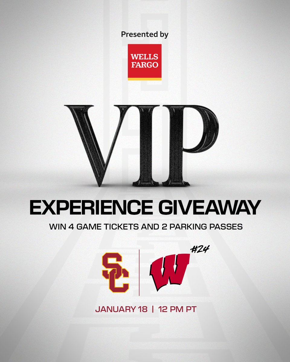 USC Men's Basketball (@usc_hoops) on Twitter photo 🚨🎟 GIVEAWAY 🎟🚨
Win 4 tickets + parking to tmoorrow's game vs No. 24 Wisconsin, presented by <a href="/WellsFargo/">Wells Fargo</a>!
Repost for your chance to win! 🚨🎟 GIVEAWAY 🎟🚨
Win 4 tickets + parking to tmoorrow's game vs No. 24 Wisconsin, presented by <a href="/WellsFargo/">Wells Fargo</a>!
Repost for your chance to win!