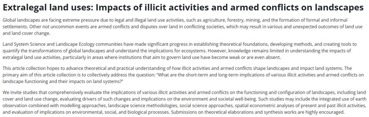 Opened Special Issue "Extralegal land uses: Impacts of illicit activities and armed conflicts on landscapes" Journal of Land Use Science. Consider submitting your manuscript. think.taylorandfrancis.com/special_issues…