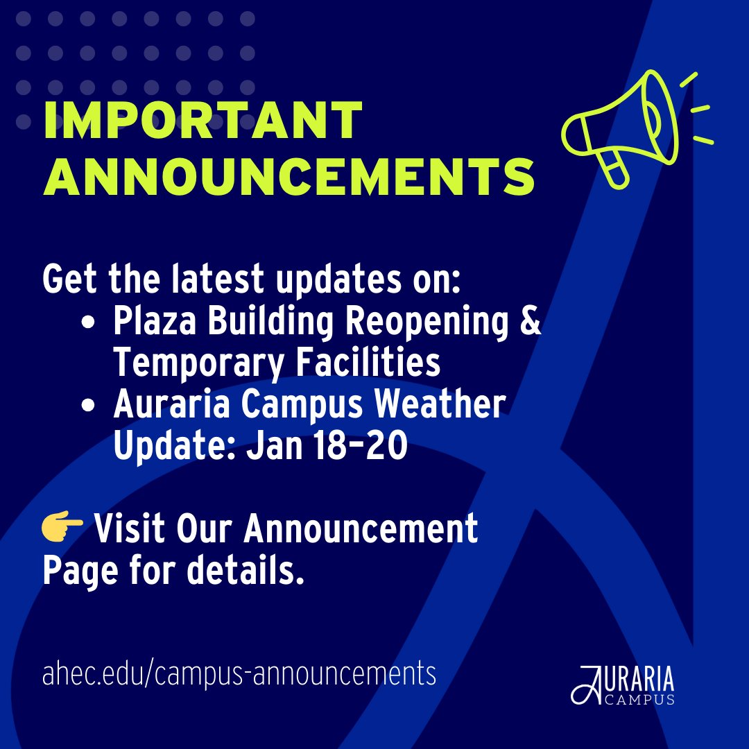 Attention Auraria Campus Community!

We have a few important announcements regarding:
🏢 The Plaza Building Reopening and Temporary Facilities
🌨️ Weather Updates for Jan 18–20

Stay informed and get all the details by visiting our Announcement Page: ahec.edu/campus-announc…