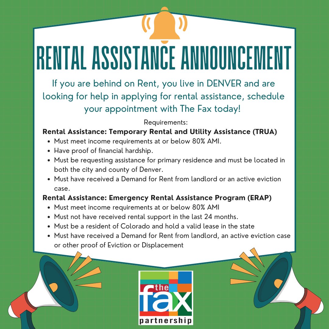 PartnershipFax's tweet photo. 🚨 Attention Denver Residents! 🚨 Are you struggling to pay your rent or utilities?
At The Fax we help you apply for Rental Assistance. There are two rental assistance programs available in Denver, TRUA and ERAP.
Call us at 303-284-429 or email at info@thefaxdenver.com https://t.co/4aNk4QtoMe