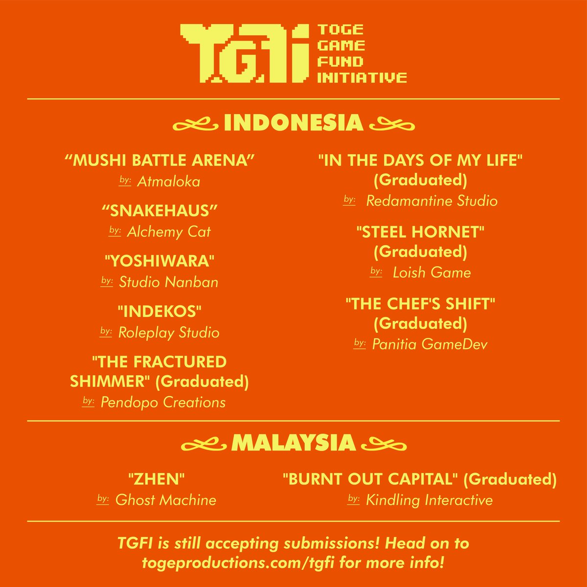 Toge Productions ๐ฑ (@togeproductions) on Twitter photo TGFI projects that graduated in 2024!
๐
The Chef's Shift - <a href="/panitiagamedev/">Panitia GameDev - The Chef's Shift is OUT NOW!</a> ๐ฎ๐ฉ
๐
Steel Hornet - <a href="/LoishGames/">Loish Games</a> ๐ฎ๐ฉ
๐
In The Days of My Life - <a href="/redamantine/">In The Days of My Life Project</a> ๐ฎ๐ฉ
๐
Burnt Out capital - Kindling Interactive ๐ฒ๐พ
๐
The Fractured Shimmer - <a href="/PendopoStudio/">Pendopo Creations</a> ๐ฎ๐ฉ TGFI projects that graduated in 2024!
๐
The Chef's Shift - <a href="/panitiagamedev/">Panitia GameDev - The Chef's Shift is OUT NOW!</a> ๐ฎ๐ฉ
๐
Steel Hornet - <a href="/LoishGames/">Loish Games</a> ๐ฎ๐ฉ
๐
In The Days of My Life - <a href="/redamantine/">In The Days of My Life Project</a> ๐ฎ๐ฉ
๐
Burnt Out capital - Kindling Interactive ๐ฒ๐พ
๐
The Fractured Shimmer - <a href="/PendopoStudio/">Pendopo Creations</a> ๐ฎ๐ฉ