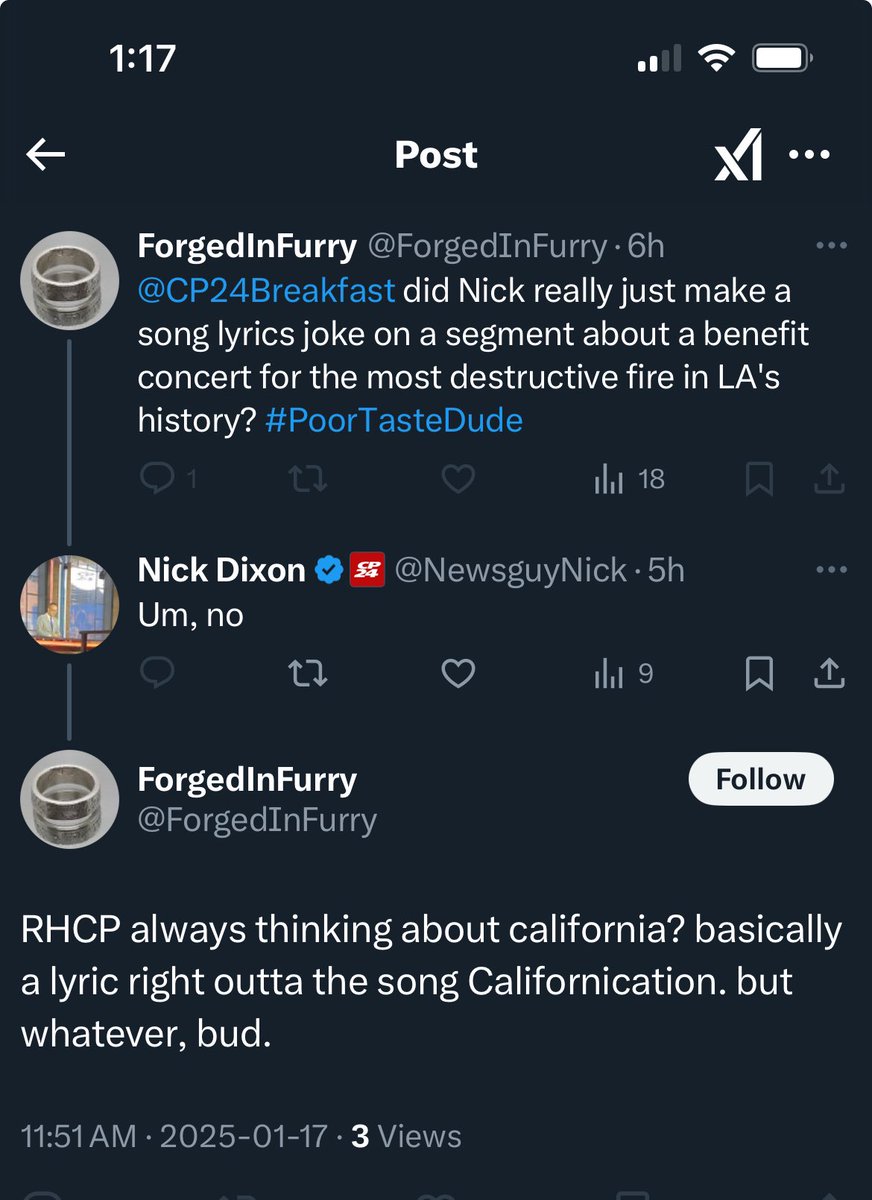 Nick Dixon (@newsguynick) on Twitter photo Drive by misinterpretation …
I politely reply… then am blocked by (<a href="/forgedinfurry/">ForgedInFurry</a>) from responding…
If they’d let me reply… I would have pointed out that I actually said: “always SINGING about California”… which isn’t a joke, it’s a fact… so it make sense the band would Drive by misinterpretation …
I politely reply… then am blocked by (<a href="/forgedinfurry/">ForgedInFurry</a>) from responding…
If they’d let me reply… I would have pointed out that I actually said: “always SINGING about California”… which isn’t a joke, it’s a fact… so it make sense the band would