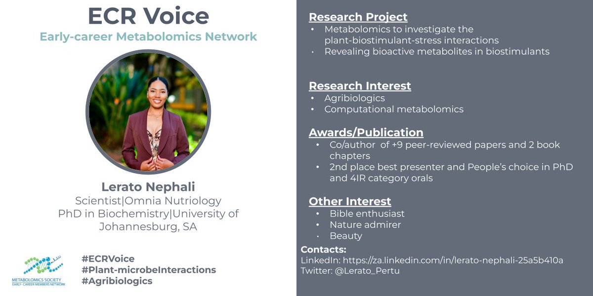 EMN Metabolomics Society (@emn_metsoc) on Twitter photo Introducing Lerato for #ECRVoices
<a href="/Lerato_Pertu/">Nephali Lerato</a> is working on #PlantMicrobeInteractions and she is based in Johannesburg, South Africa 🇿🇦 Introducing Lerato for #ECRVoices
<a href="/Lerato_Pertu/">Nephali Lerato</a> is working on #PlantMicrobeInteractions and she is based in Johannesburg, South Africa 🇿🇦