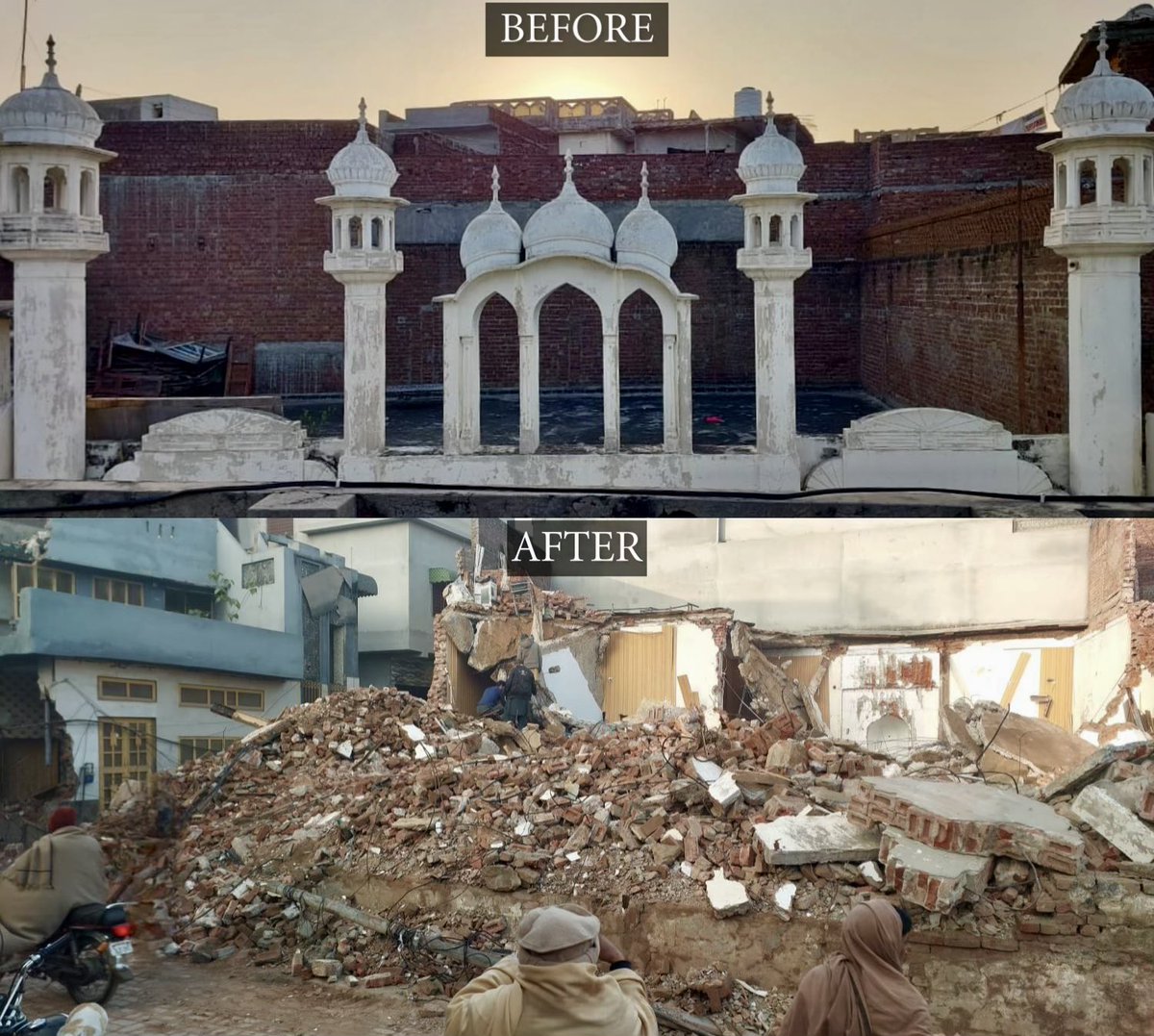 alimforpeace's tweet photo. Before &amp; After: The historic Ahmadi mosque in Daska, built before 1947 by Sir Muhammad Zafrullah Khan, a founding father of Pakistan, demolished today by local administration.

Has Pakistan reached the point where it destroys mosques of its founding fathers? https://t.co/ZqyZhtcETy