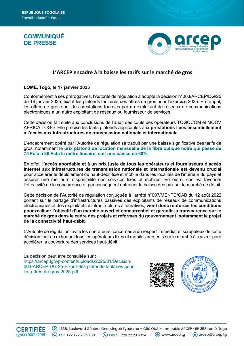 L'ARCEP ENCADRE À LA BAISSE LES TARIFS SUR LE MARCHÉ DE GROS.
L'article relatif à ce CP au lien ci-après : arcep.tg/larcep-encadre… .
La décision peut être consultée ici:
arcep.tg/wp-content/upl…
<a href="/YasTogo/">Yas Togo</a> <a href="/moovafricatg/">Moov Africa Togo</a> 
#ArcepTogo #baissedestarifs #servicestelecom