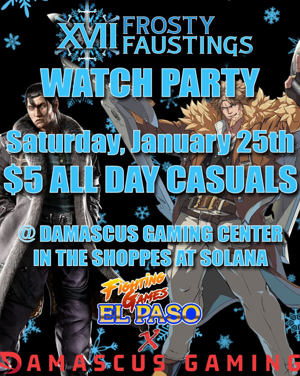 FGEPTX's tweet photo. FGEP SURPRISE ATTACKS @damascusesports TO WATCH FROSTY FAUSTINGS SATURDAY JAN 25!!! ONLY $5 FOR CASUALS ALL DAY OR JUST WATCH FOR FREE!!! BRING YOUR OWN CONTROLLERS! BRING SETUPS FOR THE GAMES YOU WANT TO PLAY!!! PRACTICE BEFORE BRACKET THE NEXT DAY!!! https://t.co/2xcKmEUE6y