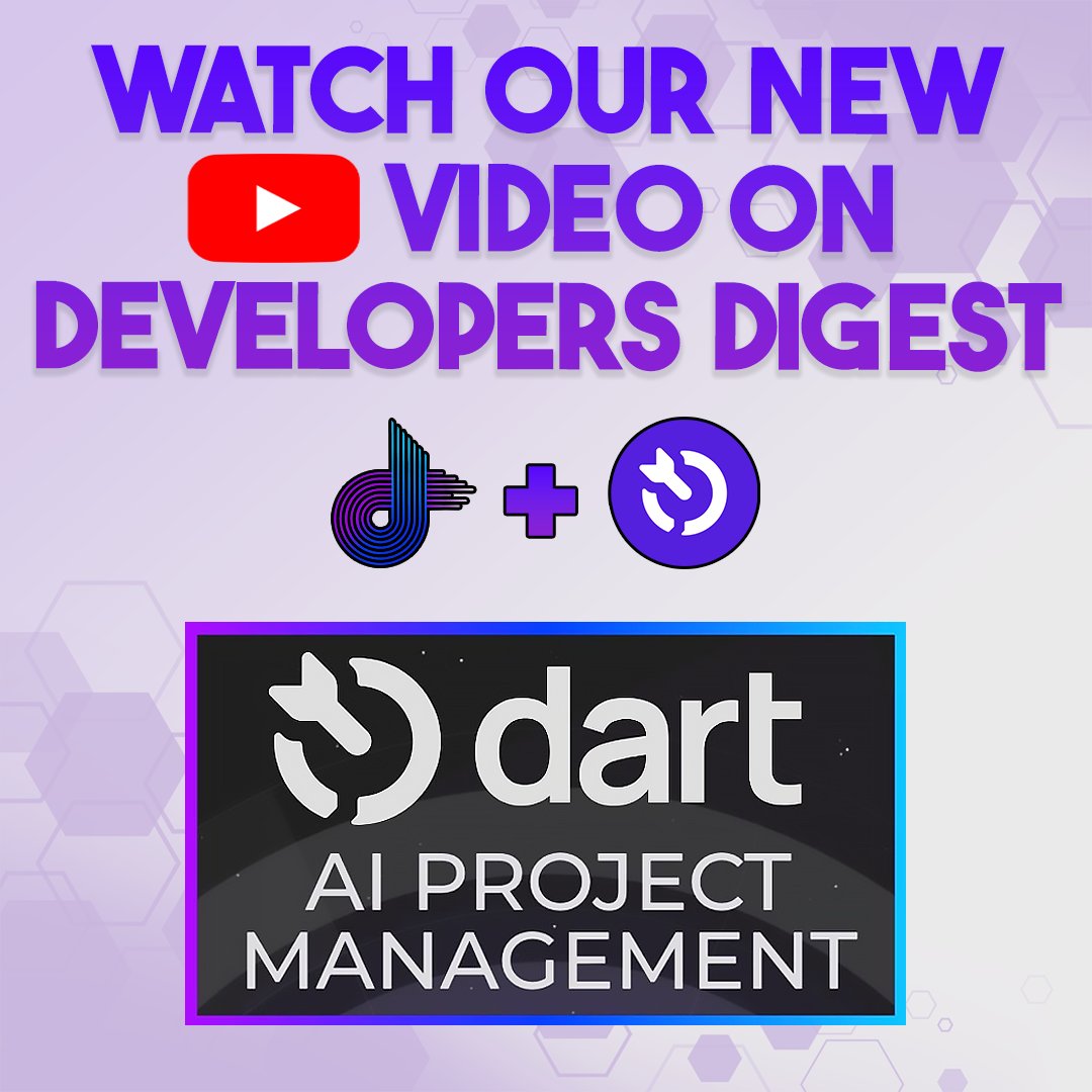 its_dart's tweet photo. 🎥 Excited to share that Dart just got featured on the
@devdigest YouTube channel! 📷 

Watch the video here: https://t.co/45epbsUPmS 

Discover how Dart is transforming project management by simplifying workflows, saving time, and boosting efficiency.  

#ProjectMgt #AITools https://t.co/FNVAgUiEzX