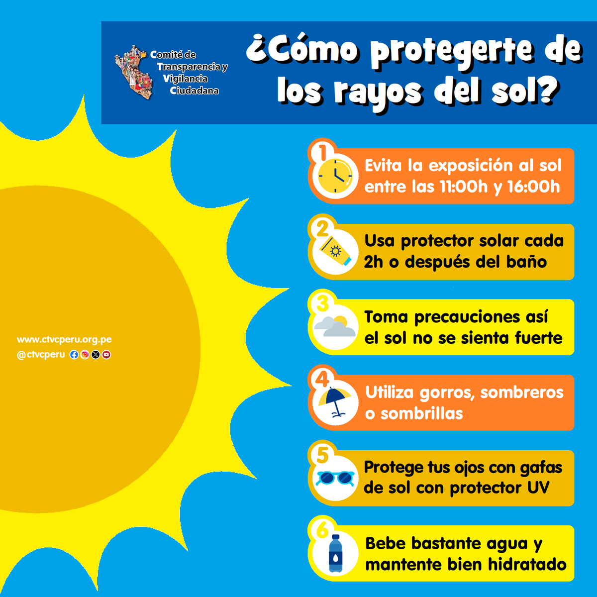 ctvcperu's tweet photo. #CTVCteCuida | Es importante estar protegidos de los rayos del sol para tener una buena salud. Mantente hidratado y toma las precauciones necesarias. Evita exponerte innecesariamente a la radiación UV.
#GolpeDeCalor #ParticipaciónCiudadana @Minsa_Peru @OPSOMSPeru https://t.co/gnWPtX1kwT