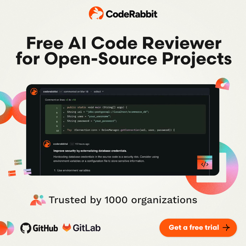 coderabbitai's tweet photo. AI-first pull request reviewer with context-aware feedback, line-by-line code suggestions, and real-time chat.