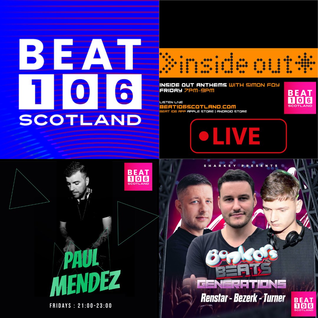 beat106scotland's tweet photo. A messy Friday night on @beat106scotland incoming... Tune in!

7pm - Simon Foy is LIVE with @insideoutgla Anthems
9pm - @paulmendez with the bangers &amp; slammers
11pm - Bonkers Beats - Sharkey presents @DjRENSTAR Bezerk &amp; Turner @Bonkers4life https://t.co/9yswlYRamq