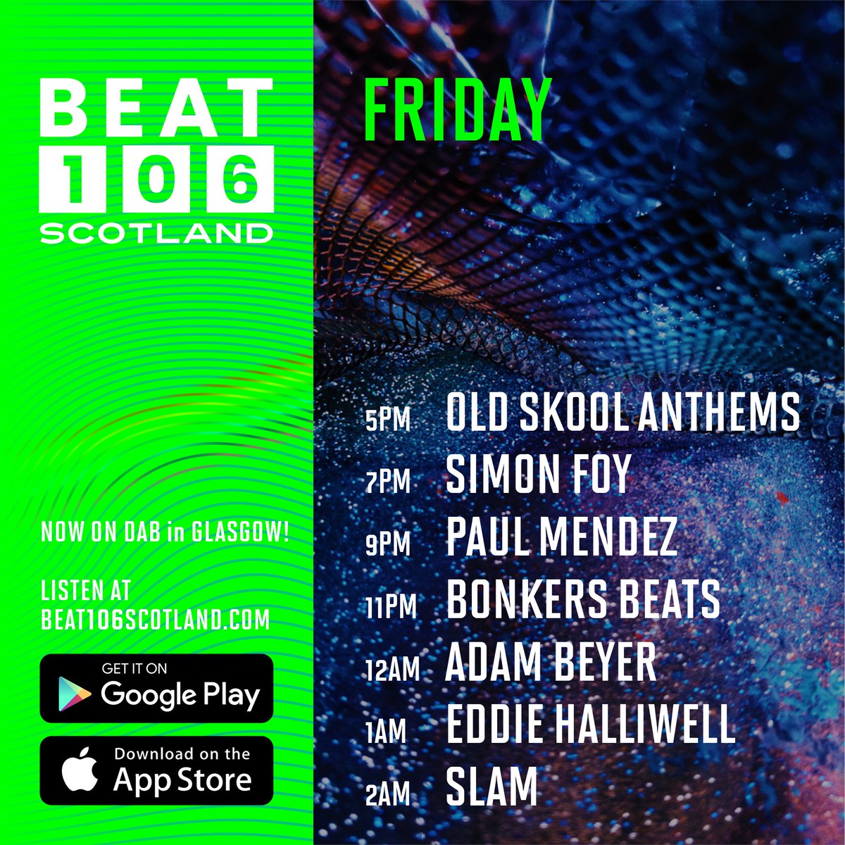 beat106scotland's tweet photo. 12am - @realadambeyer with the @drumcoderecords show. 
1am - @eddiehalliwell
2am - @slam_djs with @anymello https://t.co/6zFh8xd0eB
