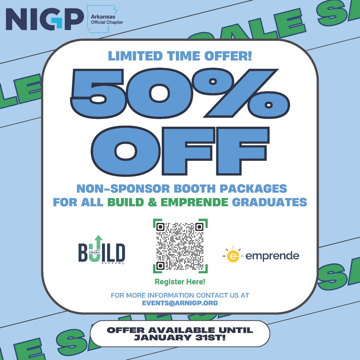 lrbuildacademy's tweet photo. 🚨 Attention BUILD &amp; EMPRENDE Graduates! 🚨

Get 50% OFF non-sponsor booths at the 2025 ARNIGP Vendor Expo on April 24th! Questions? Email events@arnigp.org. Don’t miss out on this opportunity to grow your business!

Register now: https://t.co/wCh48M6mHf https://t.co/WSgjSGV8zH
