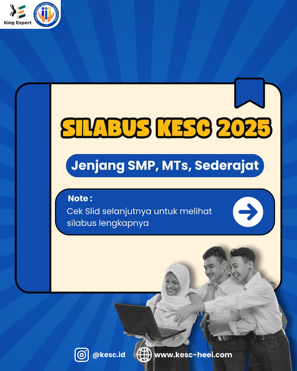 Kesc_id's tweet photo. Bersiaplah untuk KESC 2025! 🌟✨

Akses silabus resmi sesuai jenjang pendidikanmu di 🌐 https://t.co/XJZWlzZgNE atau 📂 https://t.co/gqG1lFStZ1.

📞 Info lebih lanjut: 0851-8321-3414 (WA)
📧 Email: contact@kingexpert.id

🌟 Raih prestasi, wujudkan mimpi!
#KESC2025  #Competition https://t.co/RwXy9bFStP