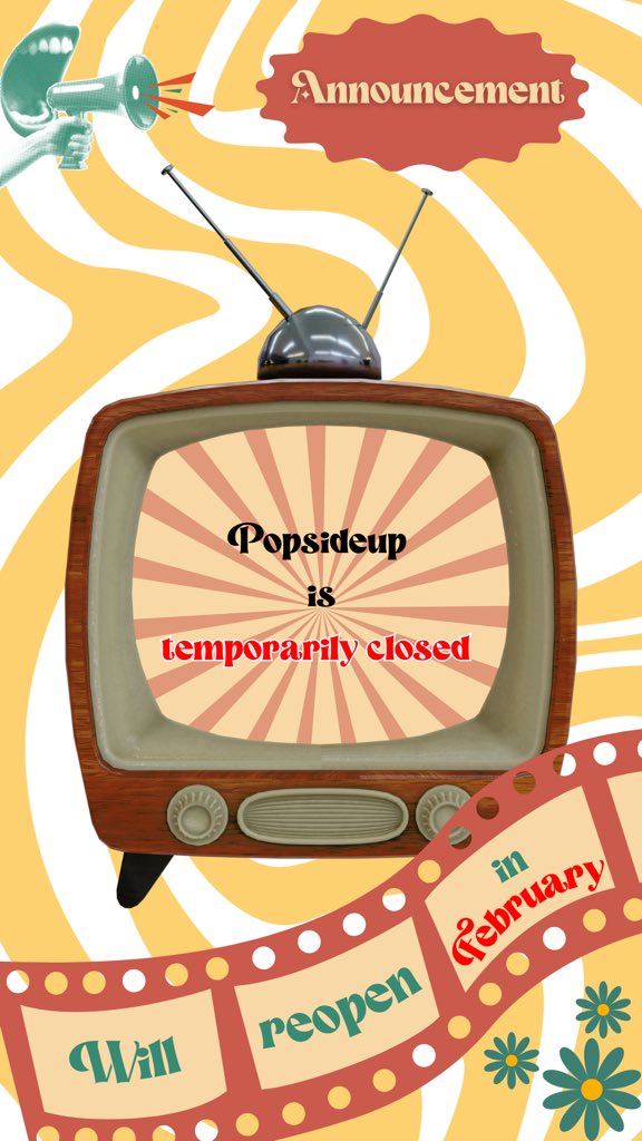 📣 ANNOUNCEMENT 📣 

Haloo semua, untuk saat ini POPSIDEUP SEDANG TUTUP SEMENTARA DAN AKAN BUKA KEMBALI DI BULAN FEBRUARI 

So see you soon! 🧚🏻‍♀️✨
