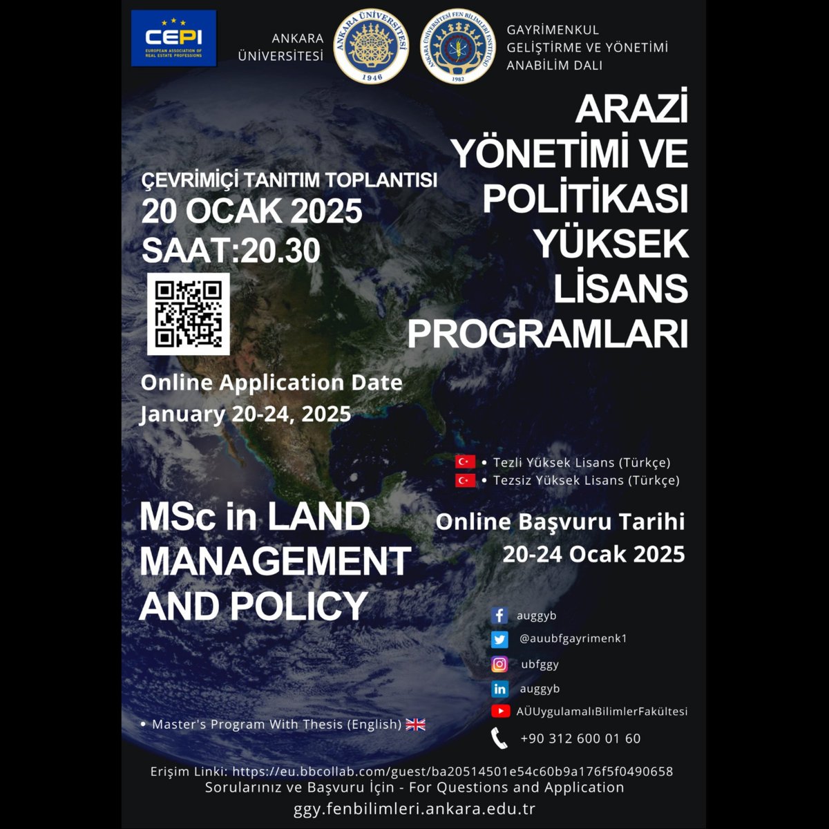 Ankara Üniversitesi Gayrimenkul Geliştirme ve Yönetimi Anabilim Dalı'nın Gayrimenkul Geliştirme ve Yönetimi Yüksek Lisans (Tezli ve Tezsiz) ve Doktora Programları ile Arazi Yönetimi ve Politikası Türkçe ve İngilizce Yüksek Lisans (Tezli ve Tezsiz) Programlarının çevrimiçi tanıtım